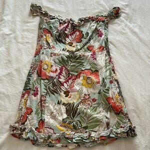 Floral linen off the shoulder mini dress with back zipper and side rouching